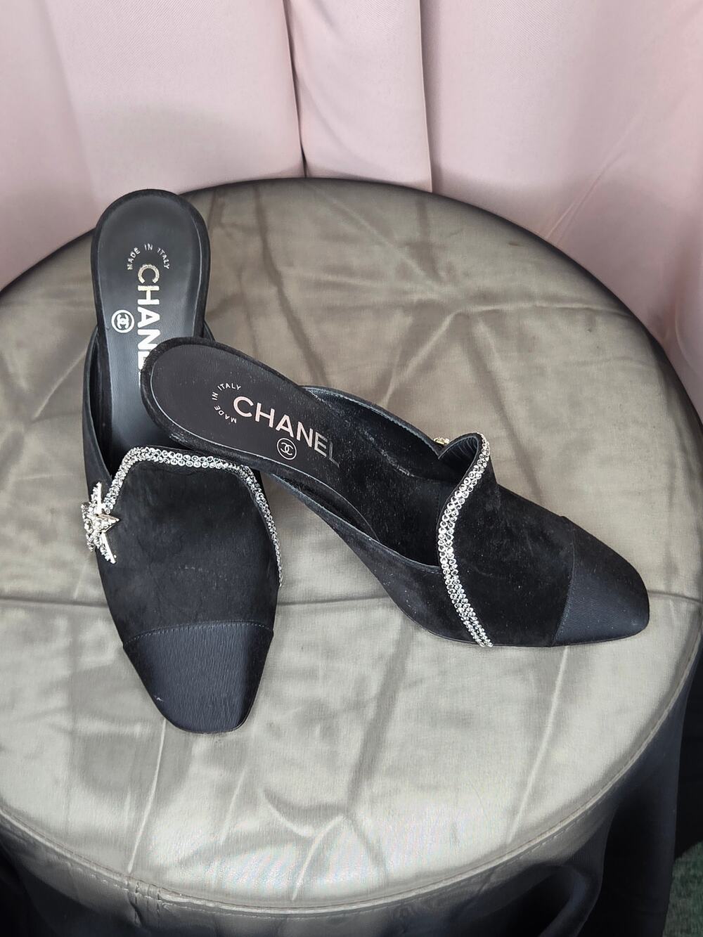 Chanel Suede Grosgrain Crystal Star Strass Mules- Black